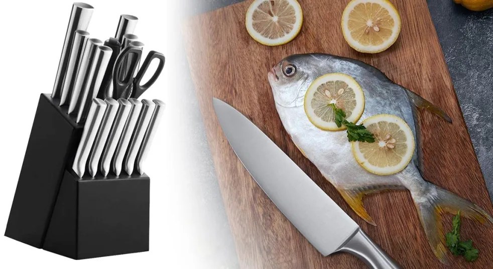 16 részes rozsdamentes késkészlet fa tartóban, élezővel, ollóval