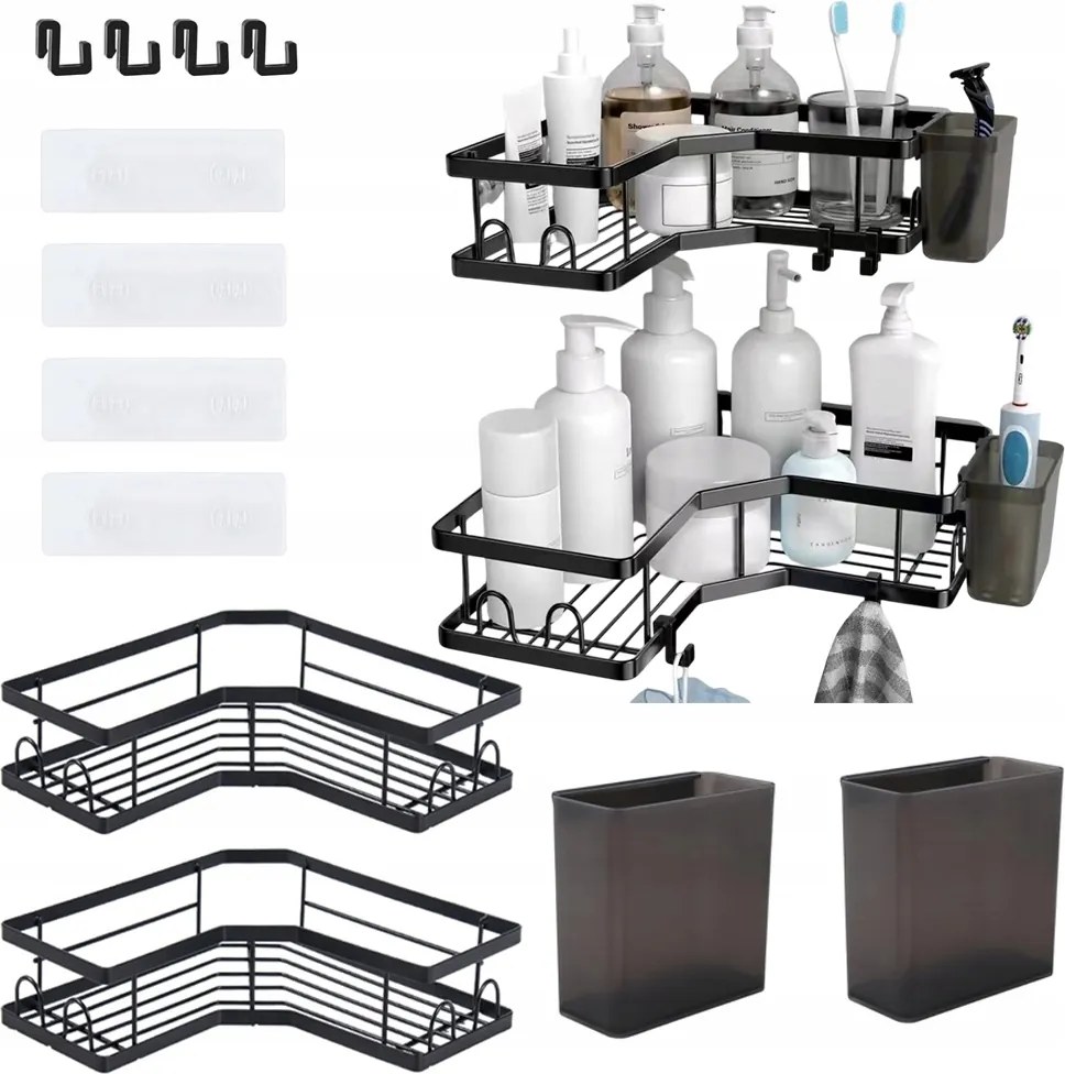 Fürdőszobai Sarokpolc Akasztós Zuhany Loft Fekete Fúrás Nélkül 2X