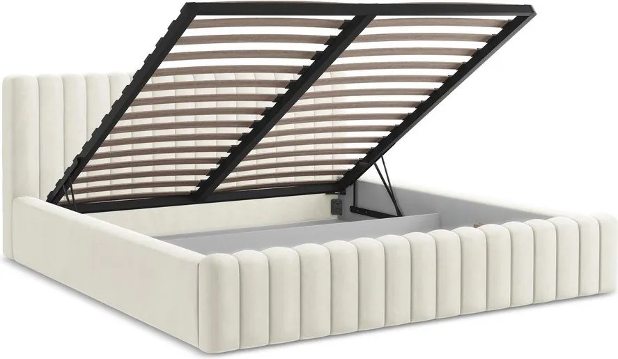 Krémszínű kárpitozott ágyneműtartós franciaágy ágyráccsal 160x200 cm Lemi – Makamii