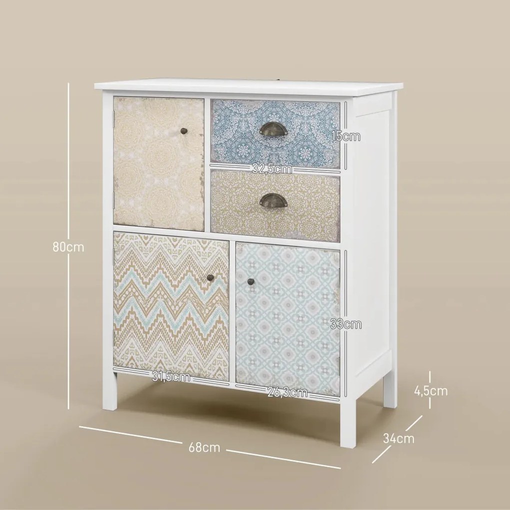 HOMCOM Tálalószekrény, shabby chic fiókos komód, 2 fiók, 3 szekrényrekesz, fenyőfa, fehér