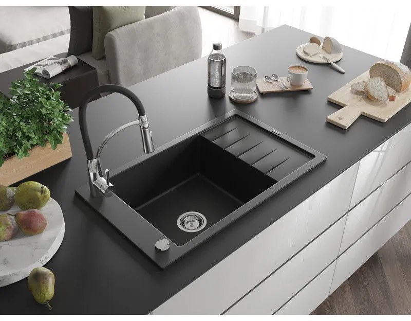 Mexen Elias, 1 kamrás gránit mosogató 795x480x200 mm és Aster mosogató csaptelep, fekete, 6511-77-73450-07