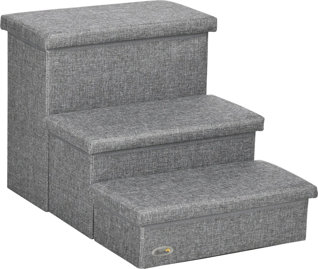 PawHut Háromlépcsős Kiskedvenc Lépcső Csigakupakkal és Tároló Hellyel 63.5x42.5x40.5 cm Szürke | Aosom