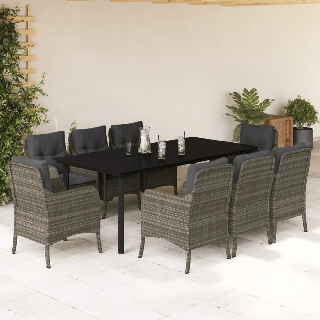 9 részes szürke polyrattan kerti étkezőgarnitúra párnával