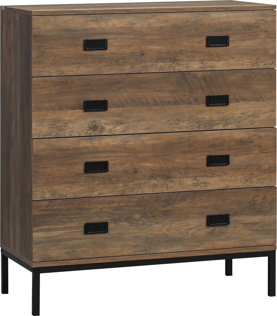 HOMCOM 4-Fiókos Komód Ipari Design - Tároló Bútor Fekete Fém Lábakkal 80 x 39 x 95 cm Barna | Aosom