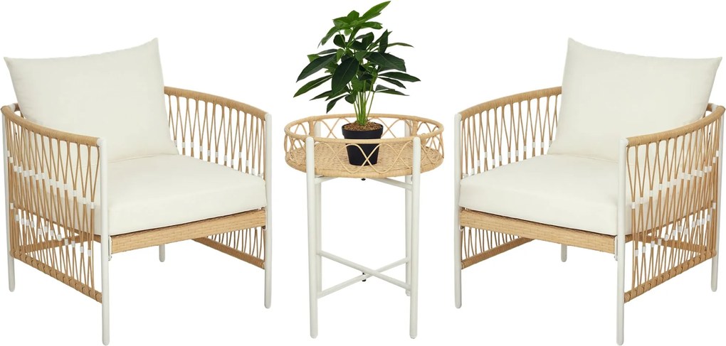 Outsunny 3 részes Rattan Kerti Bútor Szett, Terasz Bútor 2 Kerti Székkel, Kávézó Asztallal, Erkély Bútor Szett Párnákkal, Sárga+Krém | Aosom