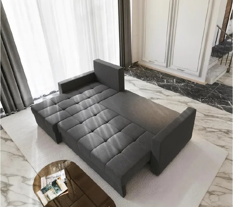 AKCIÓ Sötétszürke kihúzható sarokkanapé ZENOVA 220x140 cm, kétoldalas II. osztály