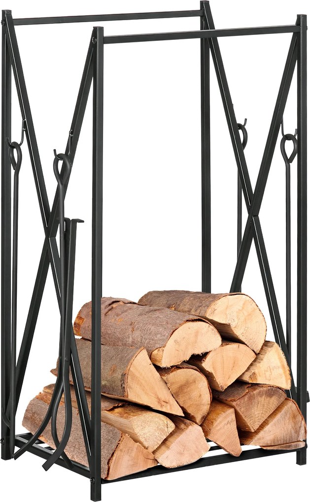 HOMCOM Kandalló Tűzifa Állvány 46x30x76 Keményfa Tartó 4 Eszközzel Acél Váz Stabil Terhelés 100 kg Kültéri és Belső Használatra Fekete | Aosom