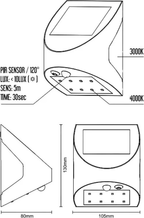 LED szürke fali napelemes lámpa 3W / 3000K / 4000K - LS225