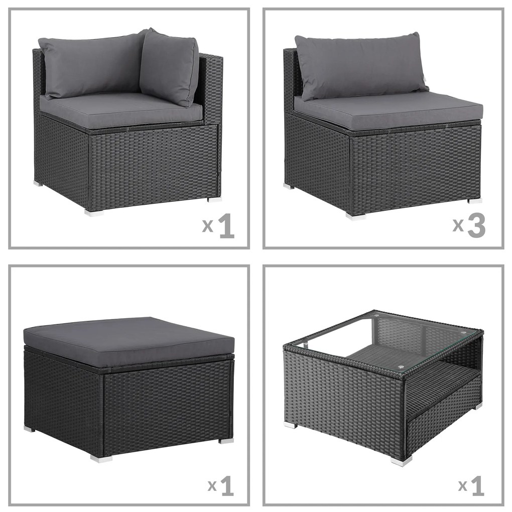 Casaria® Kerti rattan szett Rouen - fekete/antracit párnák