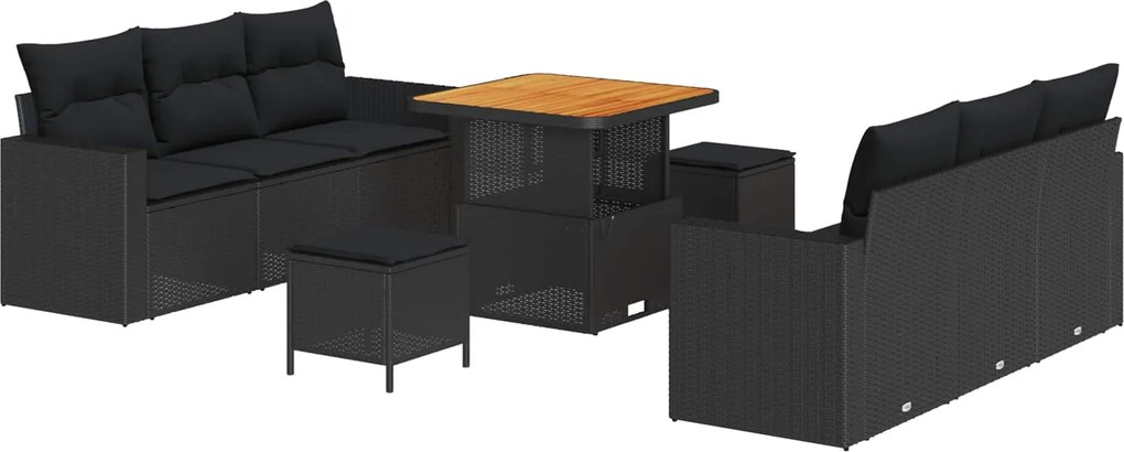 vidaXL Kerti Kanapé Szett 9 pcs Fekete polirattan