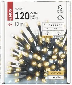 LED karácsonyi fényfüzér, villogó, 12 m, kültéri és beltéri, meleg/hideg fehér, időzítő