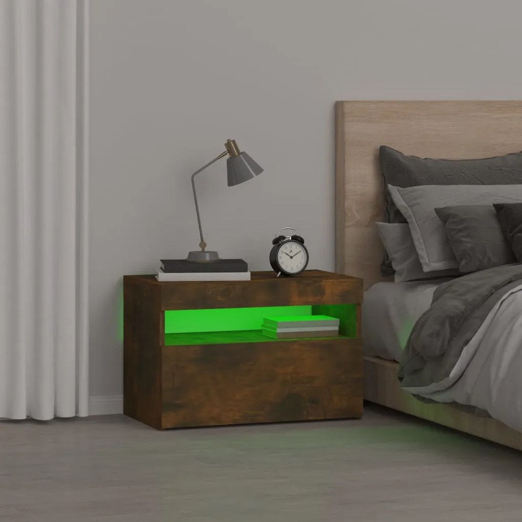Füstös tölgy színű éjjeliszekrény LED világítással 60x35x40 cm