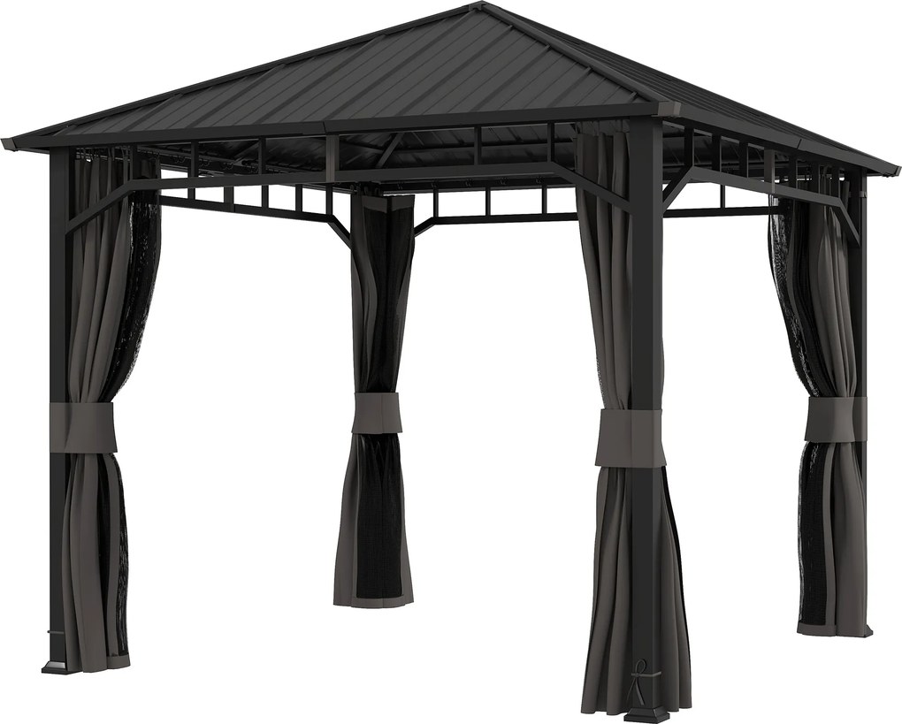 Outsunny 3 x 3 m vízálló kerti pavilon — horganyzott fém keménytető, függönyök és szúnyogháló, mennyezeti kampó, sötétszürke | Aosom