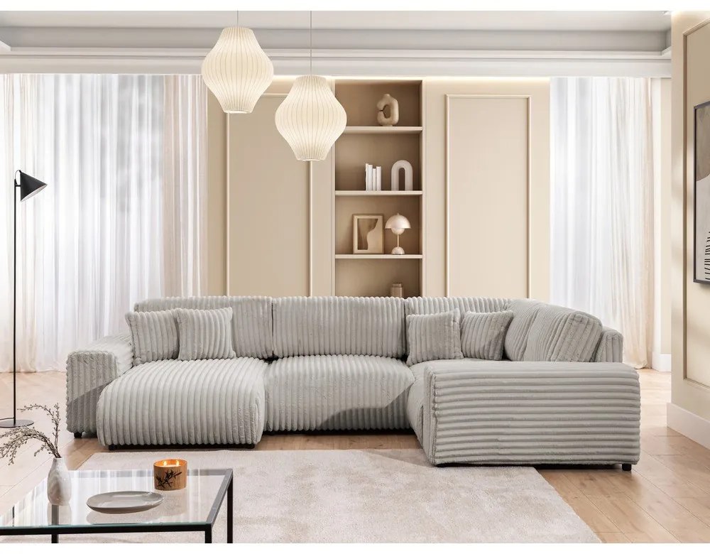 Világosszürke kordbársony sarokkanapé (jobb oldali-U alakú) Justin – Ropez