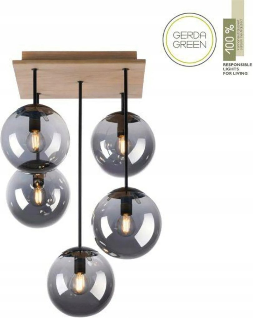 Just Light mennyezeti lámpa 5xE14, füstüveg, tölgyfa, IP20, eco de