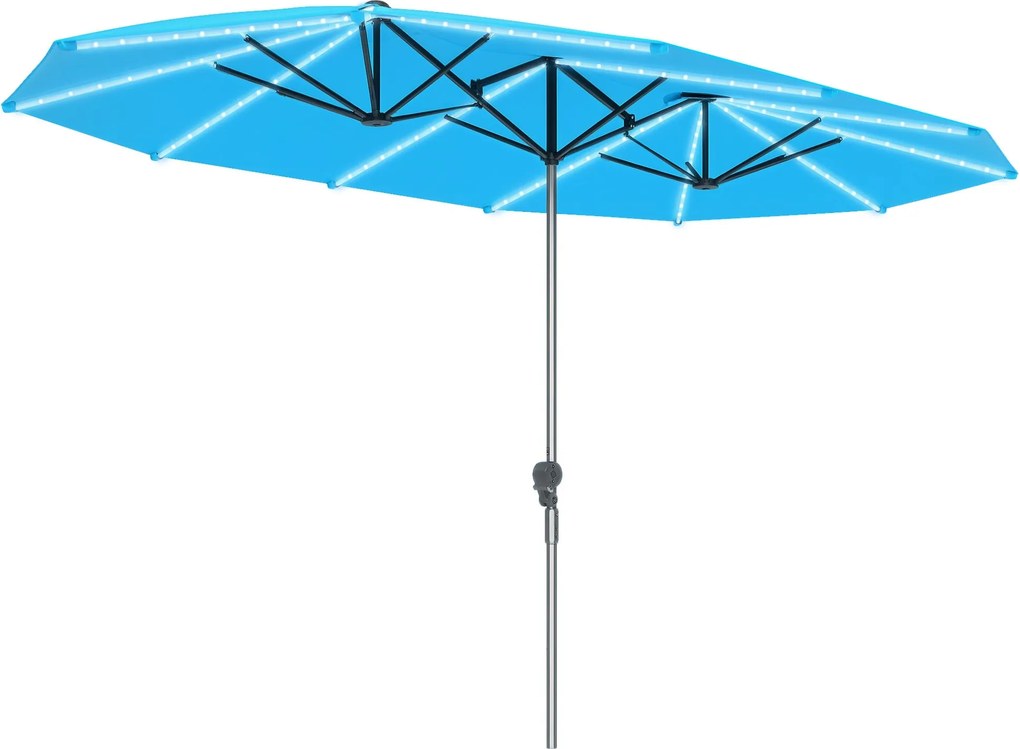 Outsunny Kétszárnyú Napernyő Napelemes LED Fényekkel 451x267 cm Alumínium UV 50+ Napernyő Kézi Karamellákkal Üvegszálas Rúdakkal, Erkély Napernyő Szél