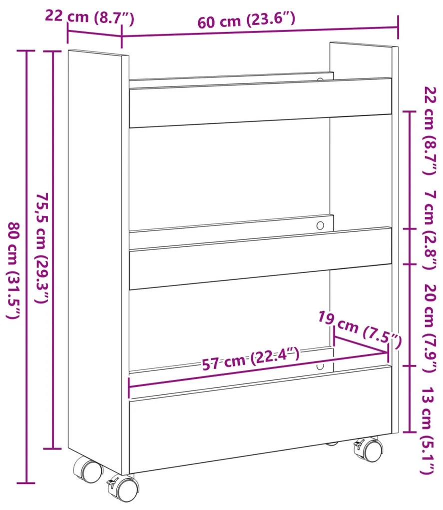 Keskeny Tároló Kocsi Fekete tölgy 60 x 22 x 80 cm Faanyag