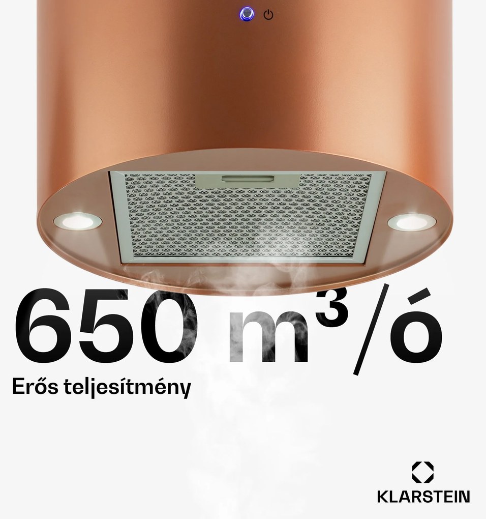 Klarstein Beretta, sziget páraelszívó, Ø 35 cm, légkeringetés, 650 m³/ó, LED, réz