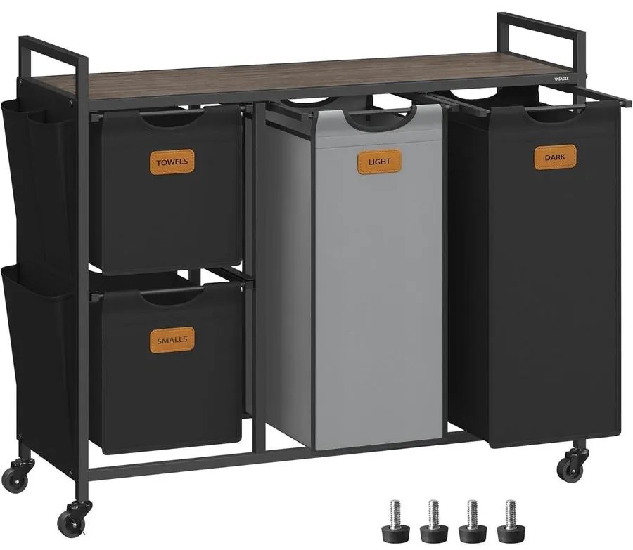 Szennyeskosár 4 rekesszel, 150 L-es ruhaválogató, fekete-szürke