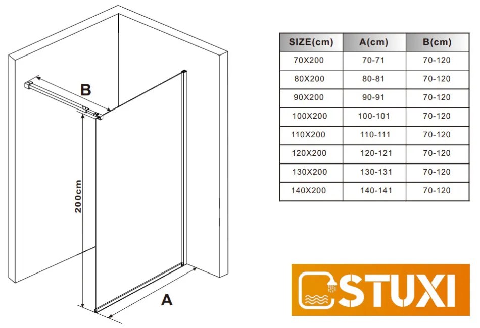 Stuxi Milano Walk-in zuhanyfal, 110x200 cm, 8 mm vastag vízlepergető biztonsági üveggel, 200 cm magas, króm profillal és távtartóval