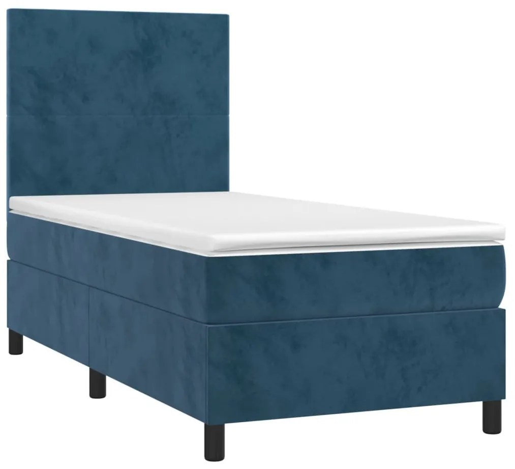 sötétkék bársony rugós és LED-es ágy matraccal 90x190 cm