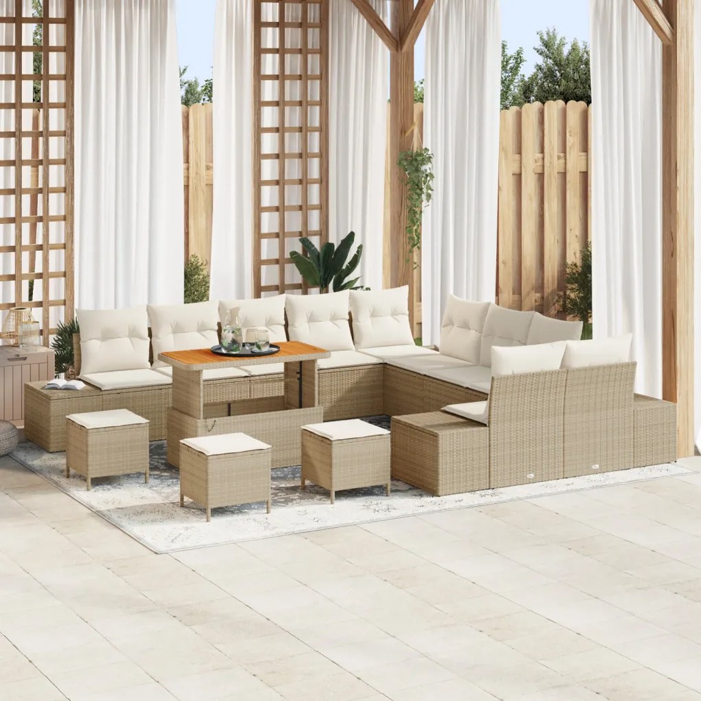 14 Darabos Kerti Sofa Szett Párnákkal Bézs Poli Rattan Akácia, 2-Fős Kerti Sofa Párnákkal Bézs Poli Rattan, 4 Darabos Kerti Étkező Szett Párnákkal Bézs Poli Rattan Akácia