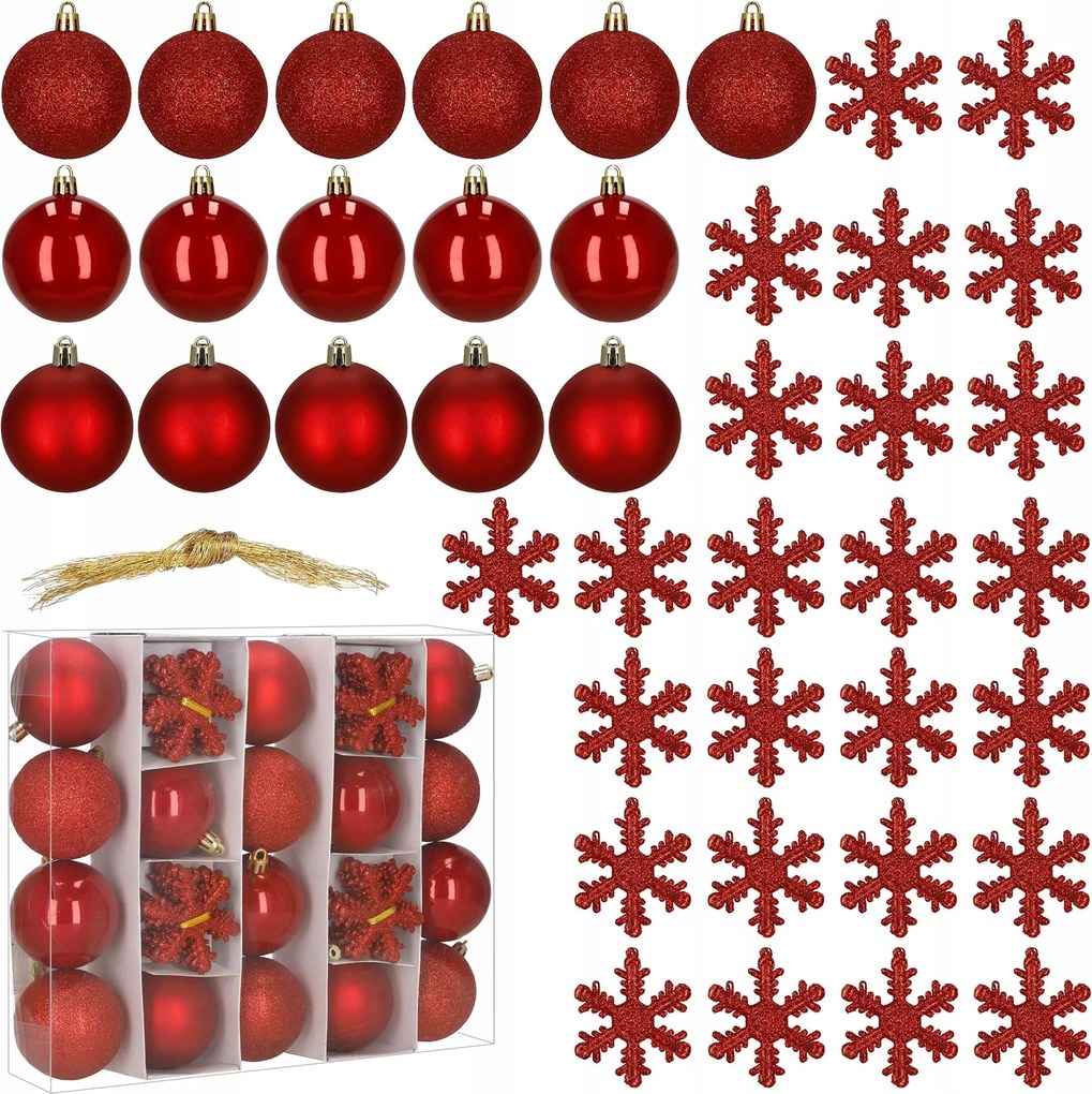 Karácsonyfadísz Szett Piros 40 db-os Karácsonyfa 7cm Törhetetlen