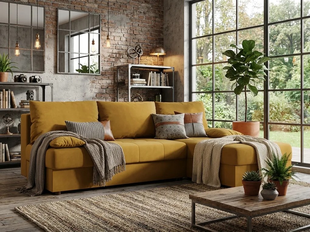 AKCIÓ Kihúzható, kétszemélyes, L-alakú kanapé VENORIA SLIM 200x143 cm, mustár + 2 párna INGYEN II. osztály