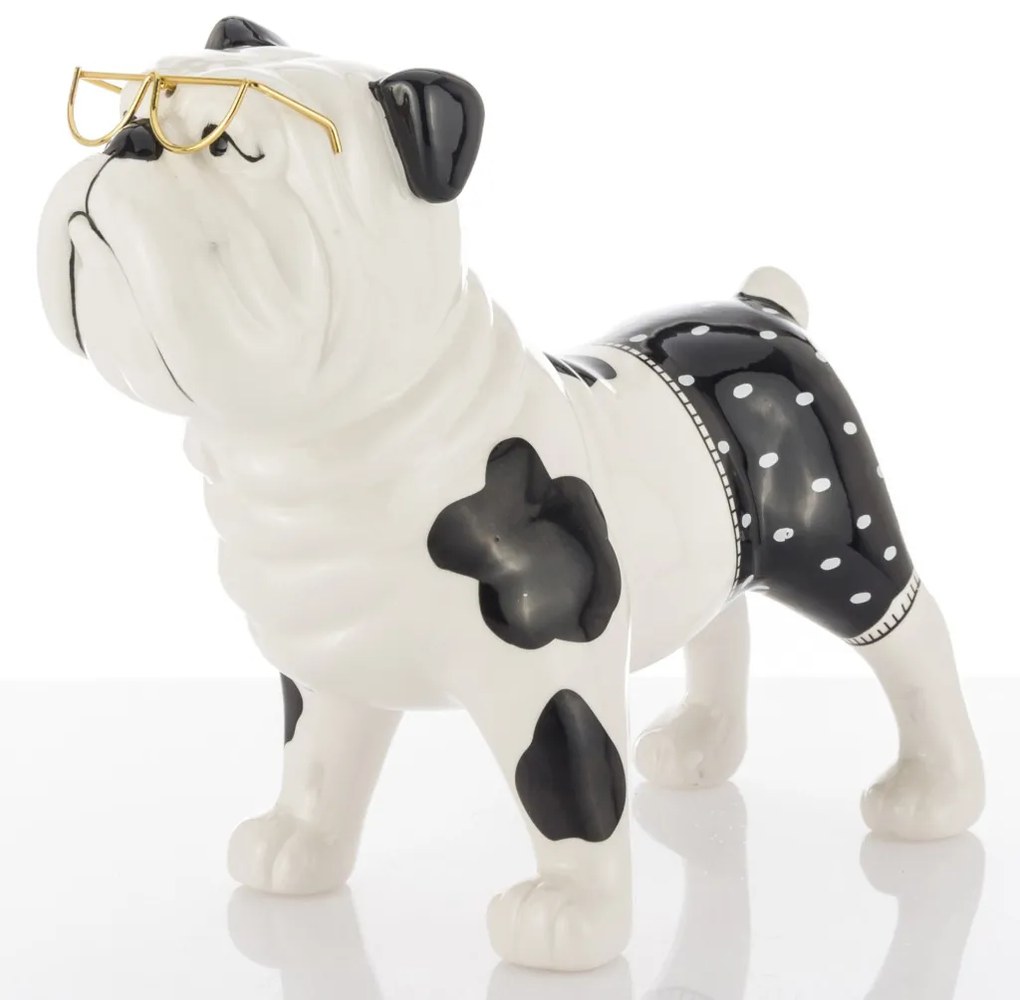 Modern design fekete-fehér francia bulldog szemüvegben asztali dekorációs szobor kerámia 22x25x13cm