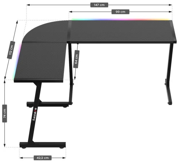 Sarok gamer asztal, íróasztal 147x112cm RGB SMART fekete.