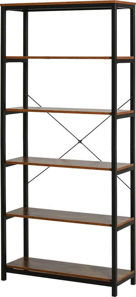 HOMCOM Ipari Stílusú Retro Könyvespolc 6 Nyitott Polccal Könyvekhez és Felborulás Elleni Rendszerrel, Tárolás a Nappaliban és Irodában 80x30x180 cm Ru