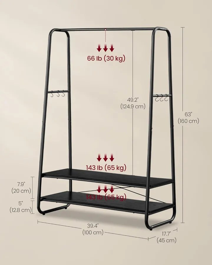 Ruhatartó állvány, ruhafogas 2 polccal és 6 darab S alakú akasztóval, fekete színben