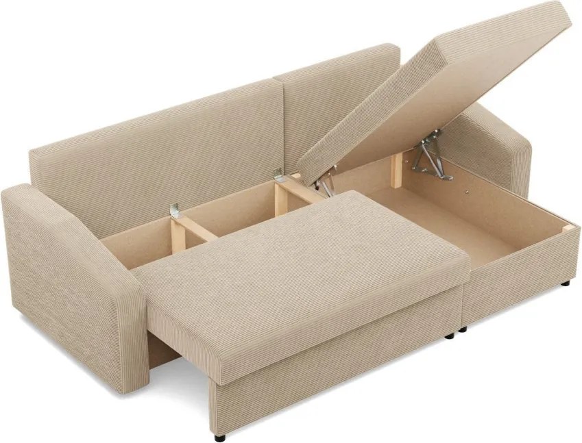 Zeus sarokkanapé, 2 ágyneműtartóval, döntött kartámasz, kordbársony, univerzális oldal, hab töltet, bézs