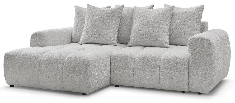 Világosszürke buklé kinyitható-tárolóhelyes sarokkanapé (bal oldali-heverő résszel) Roxelane – Bobochic Paris
