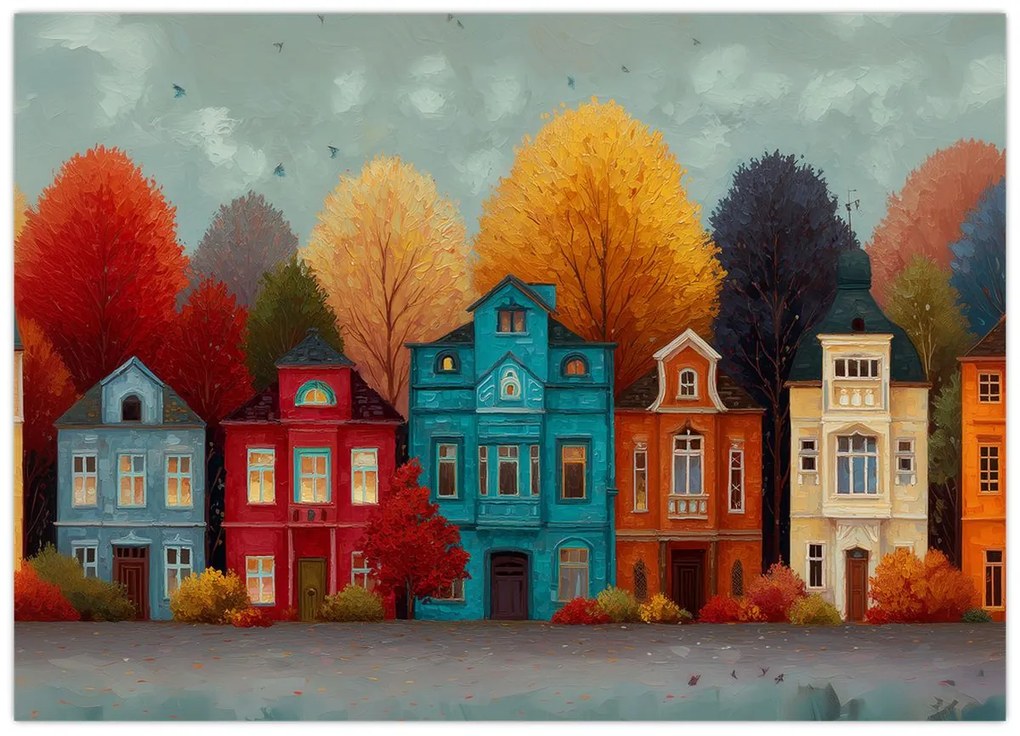 Üveg kép - Festett őszi város (70x50 cm)