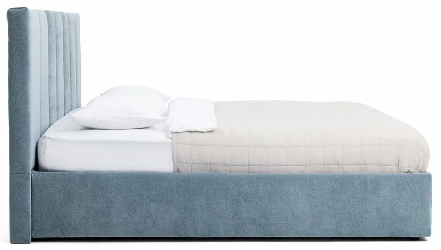 Kék kárpitozott ágyneműtartós franciaágy matraccal, ágyráccsal 160x200 cm Thessa Bold Line – Bonami Selection