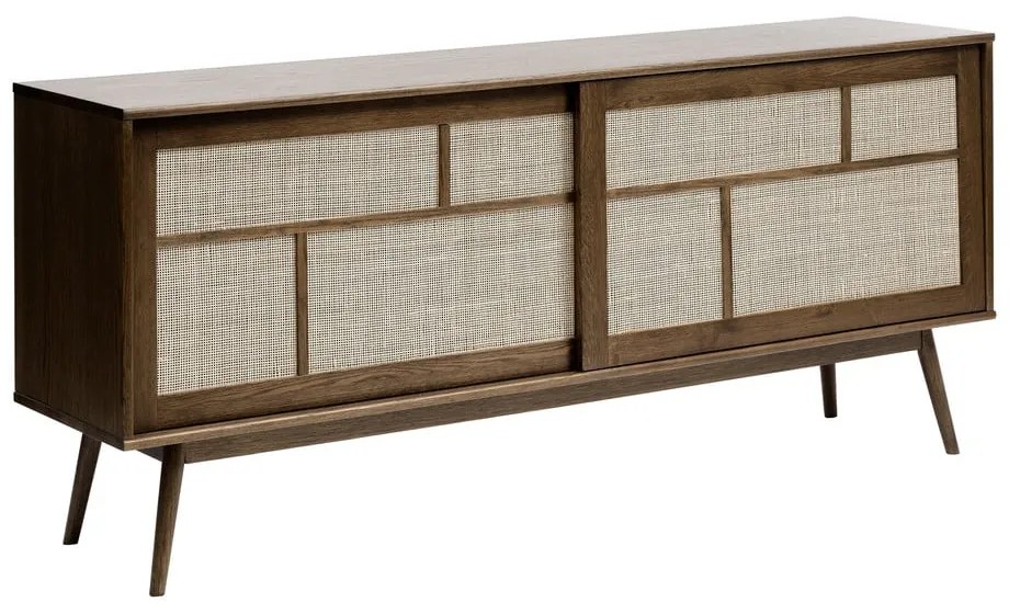 Sötétbarna alacsony komód tolóajtóval, tölgyfa dekorral 180x80 cm Barrali – Unique Furniture