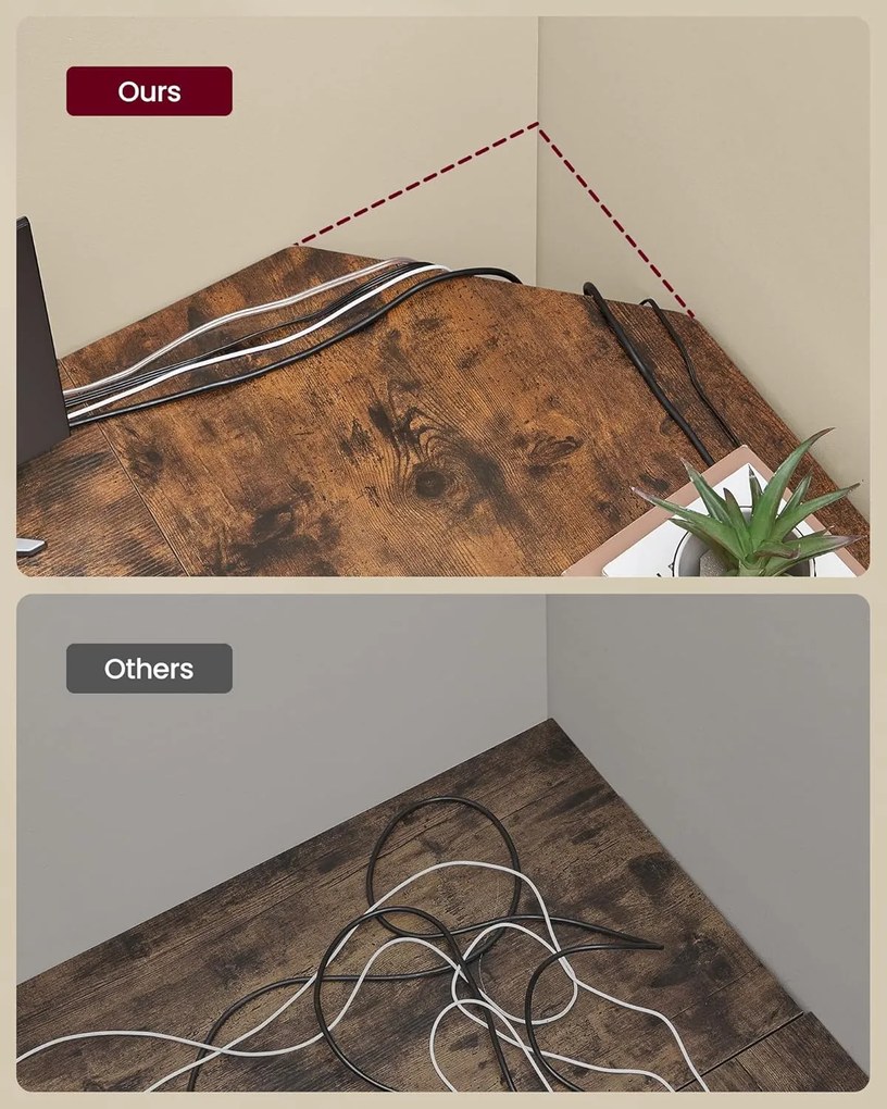 Számítógépasztal, L-alakú sarokasztal, 120 x 130 x 76 cm, rusztikus barna és fekete