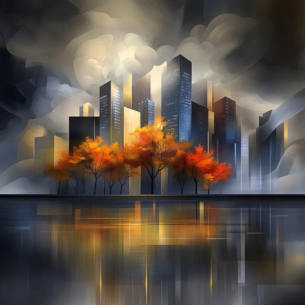 Vászonkép Canvas Város Felhőkarcolók Fák Ősz Víz Tükröződés 40x40