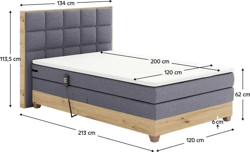 Elektromos állítható ágy, boxspring, sötétszürke/artisan tölgy, 120x200, TIANA