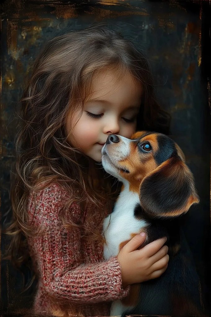 Canvas Vászonkép Lány Kutya Beagle Szerelem Portré 80x120