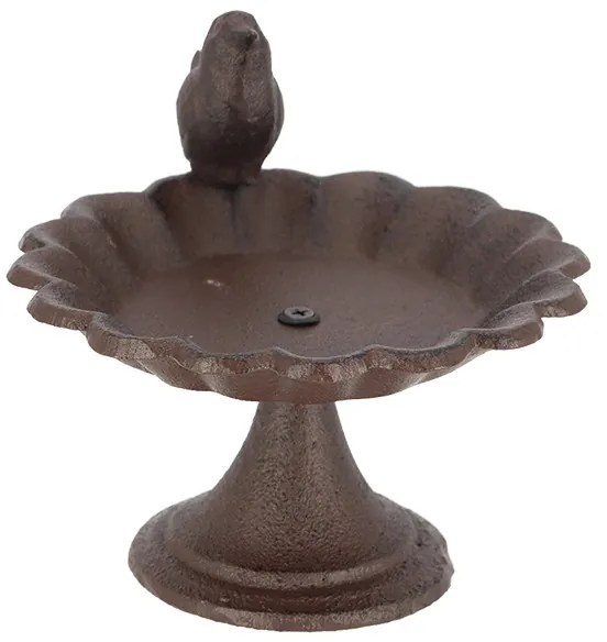 Öntöttvas madáretető és -itató, egy kismadárral