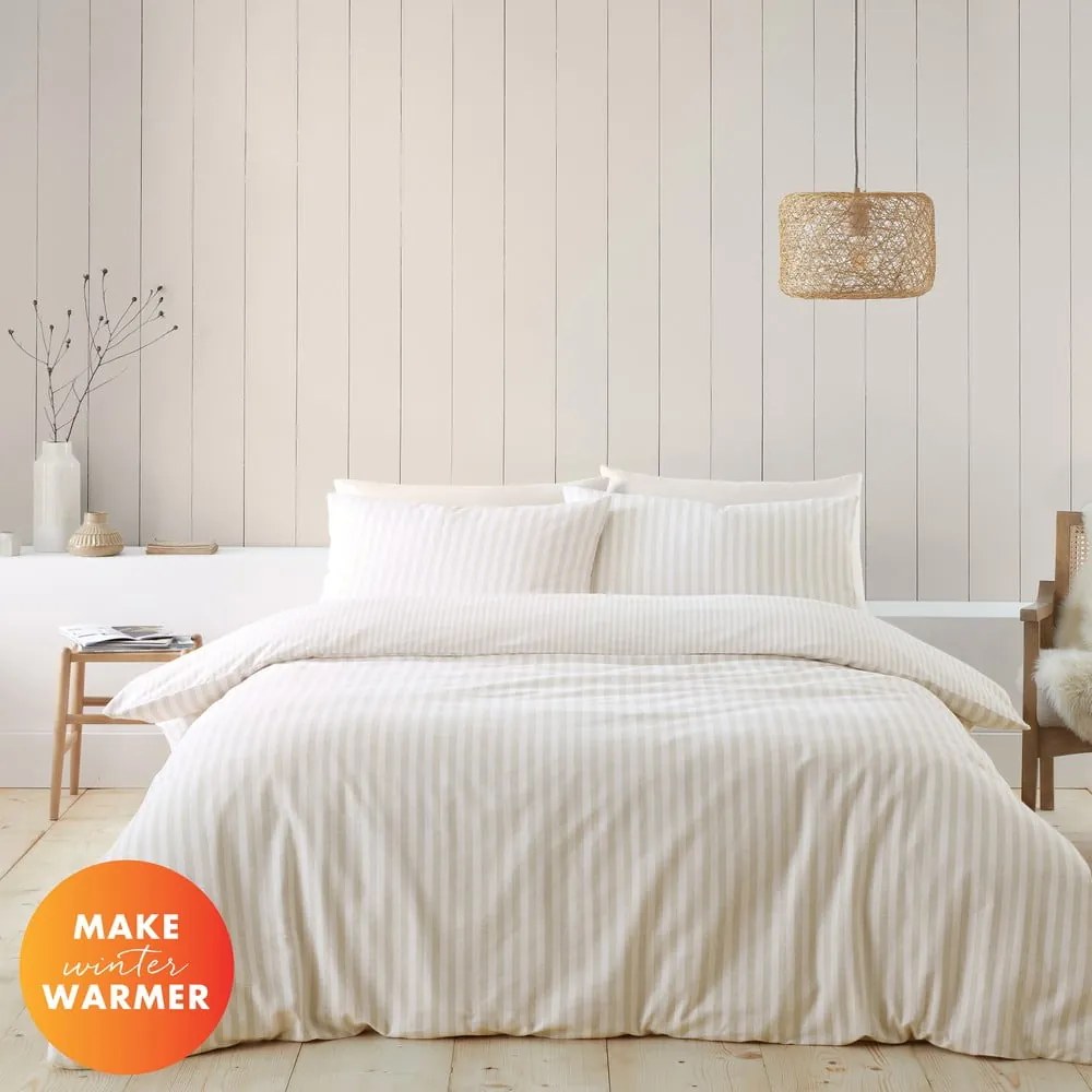 Bézs-krémszínű kétszemélyes-hosszabbított flanel ágyneműhuzat 230x220 cm Stripe – Catherine Lansfield