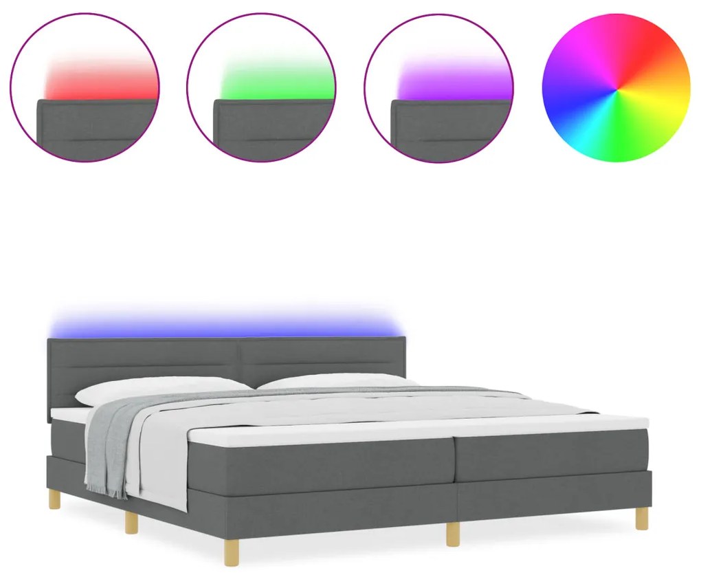 Box Spring Ágy Mattal és LED-del Sötét Szürke 200x200 cm Szövet