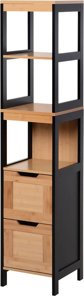 Kleankin Fürdőszobai Segélykábinet 3 Polccal és 2 Fiókkal Modern Stílus 30x30x144,3 cm Fekete és Természetes | Aosom