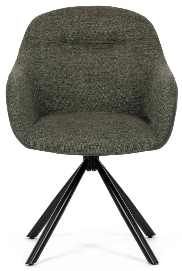 Scaun de sufragerie pivotant, țesătură verde și țesătură gri închis, cu decor vintage din piele, metal negru, rotativ P90°+ L90° cu mecanism de retragere