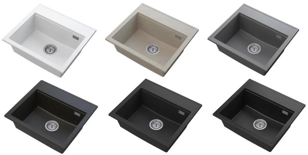 SINK Quality Mosogató minőségi Ferrum Új 5055, 1 kamrás gránit mosogató 560x500x210 mm + arany szifon, fekete foltos, SKQ-FER.5055.BP.XG