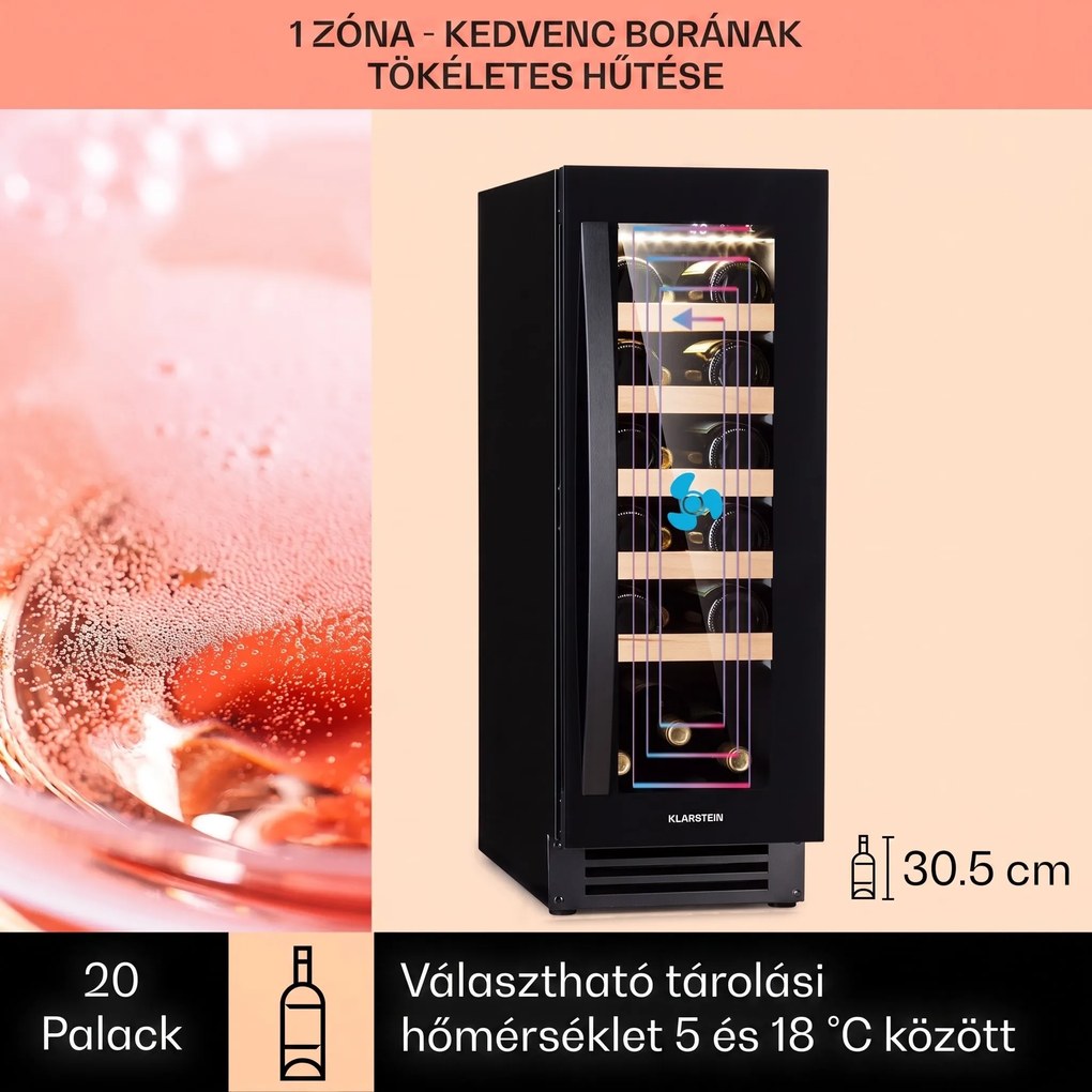 Klarstein Vinovilla 20, beépített borhűtő, 50 liter, 20 palack, üvegajtó, rozsdamentes acél