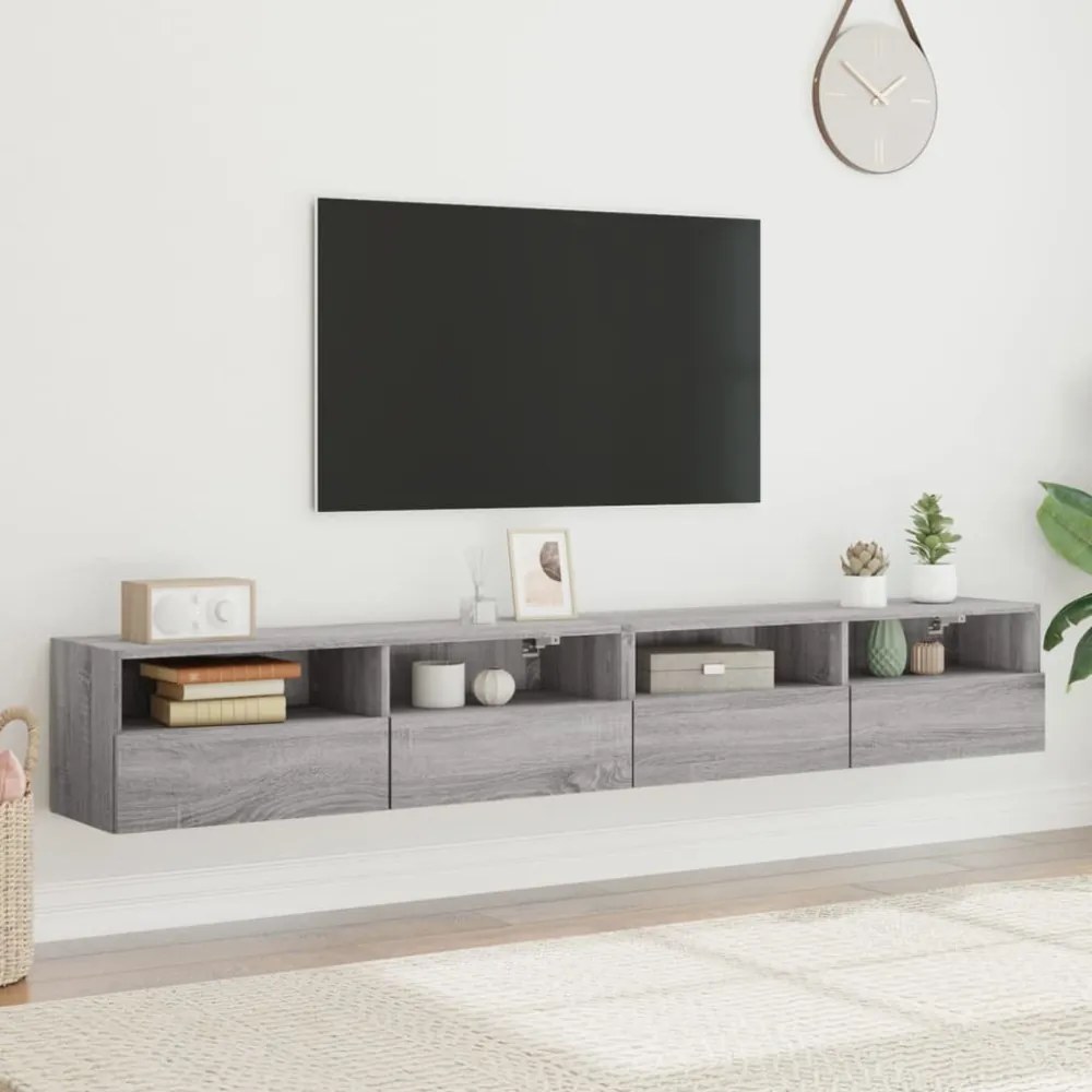 2 db szürke -tölgyszín szerelt fa fali TV-szekrény 100x30x30 cm