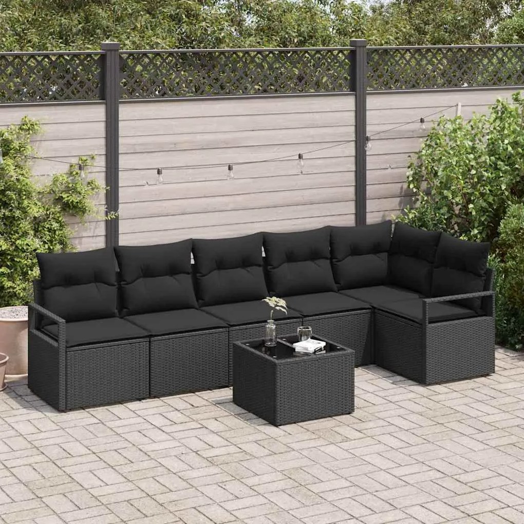 Kerti Kanapé Szett 7 pcs Fekete Poli rattan, porfestett acél